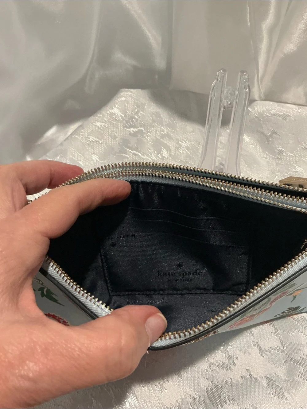kate spade Light Blue Floral Dragon Doible Zip Wristlet Clutch with Wrist Strap